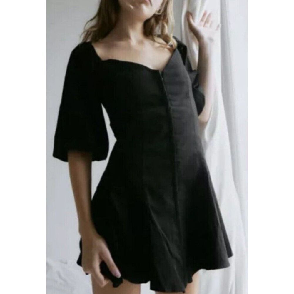 Zara Dress Small Black Corset Sweetheart Neckline Balloon Sleeve‎ Linen Cotton